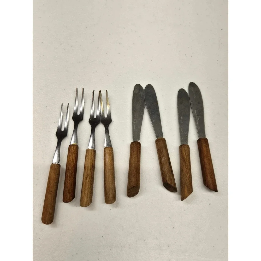 Vintage MCM‎ Stainless Japan Wood Handle Cocktail Fork Butter Spreader Set 8pc